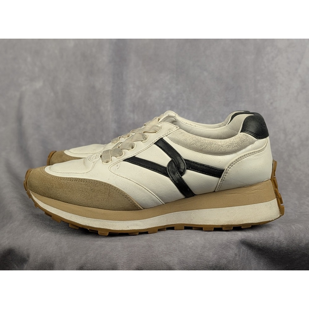 Veronica Beard Goody Leather Suede Platform Sneakers White Tan Black Womens 8 M
